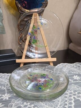 Vtg Hand-Painted Floral Clear Glass 6 Plates Set Green & Purple Made In France